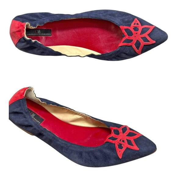 CAROLINA HERRERA Navy Blue Suede with Red Leather Pointy Ballet Flats - Picture 1 of 11